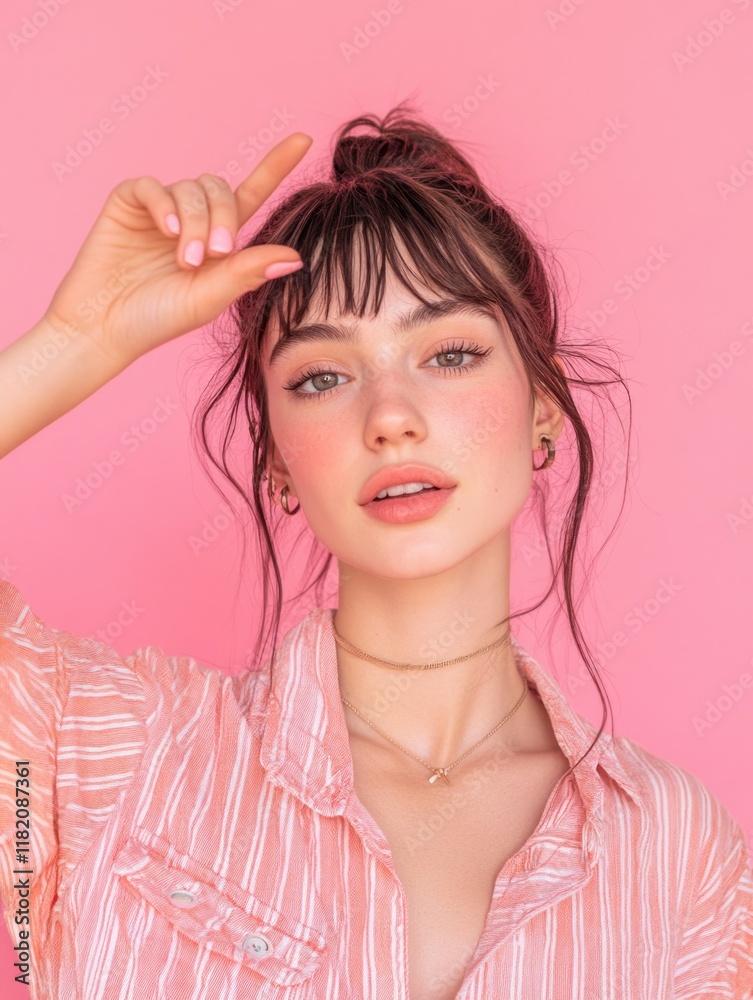 Elegant young woman with natural makeup and playful hand gesture against soft pink background, captured in portrait style, showcasing fresh beauty and vibrant colors. Elegant young woman with natural makeup and playful hand gesture against soft pink background, captured in portrait style, showcasing fresh beauty and vibrant colors.