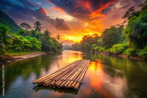 Serene Sunset Jungle River Bamboo Raft Long Exposure Stock Photo photo