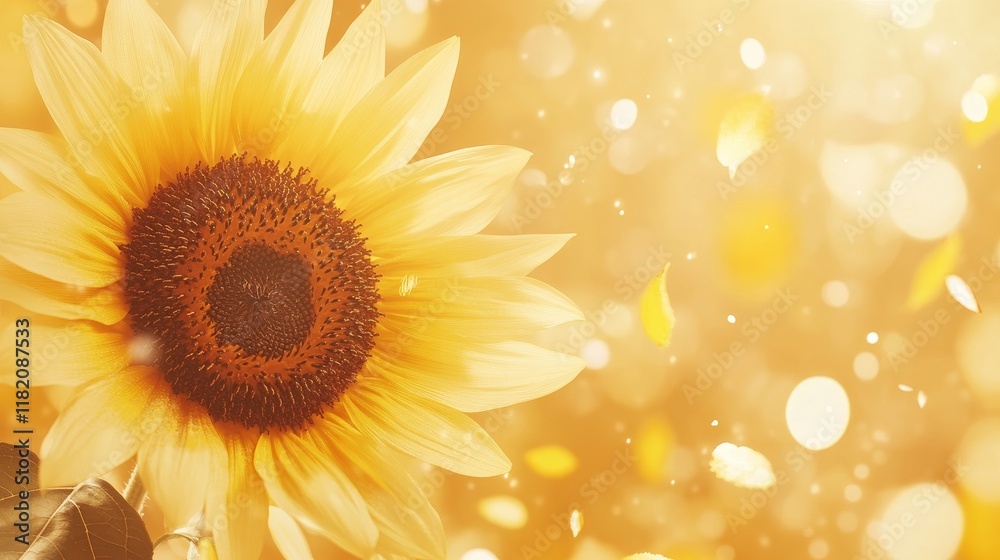 Obraz premium Golden Sunflower Bloom in Sunlight with Falling Petals