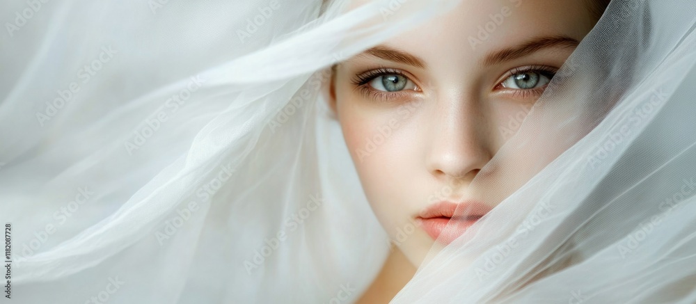 elegant close-up portrait of a young bride with soft flowing white veil highlighting her radiant skin and striking blue eyes captured in early morning light elegant close-up portrait of a young bride with soft flowing white veil highlighting her radiant skin and striking blue eyes captured in early morning light