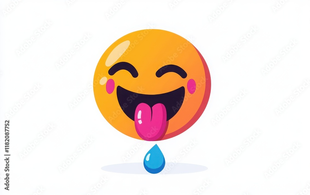 2D flat design emoji with an orange face, pink tongue, and blue teardrop, bright colors, on a white background, high resolution. 