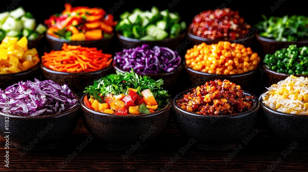 Fototapeta premium Colorful Display of Western and Chinese Dishes with Fresh Ingredients and Vibrant Flavors