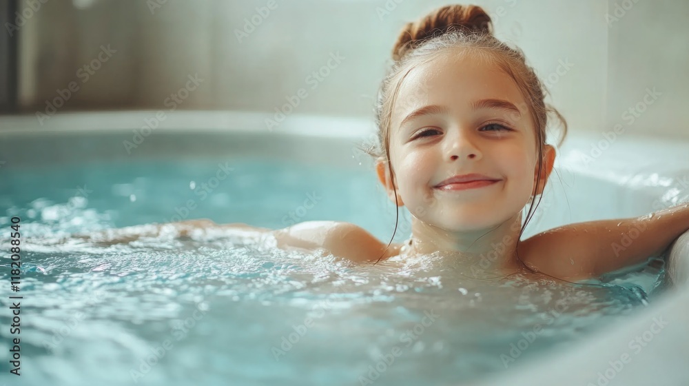 Smiling young girl enjoying leisure time in a bright blue swimming pool, close-up view with soft lighting, indoor setting, playful mood.