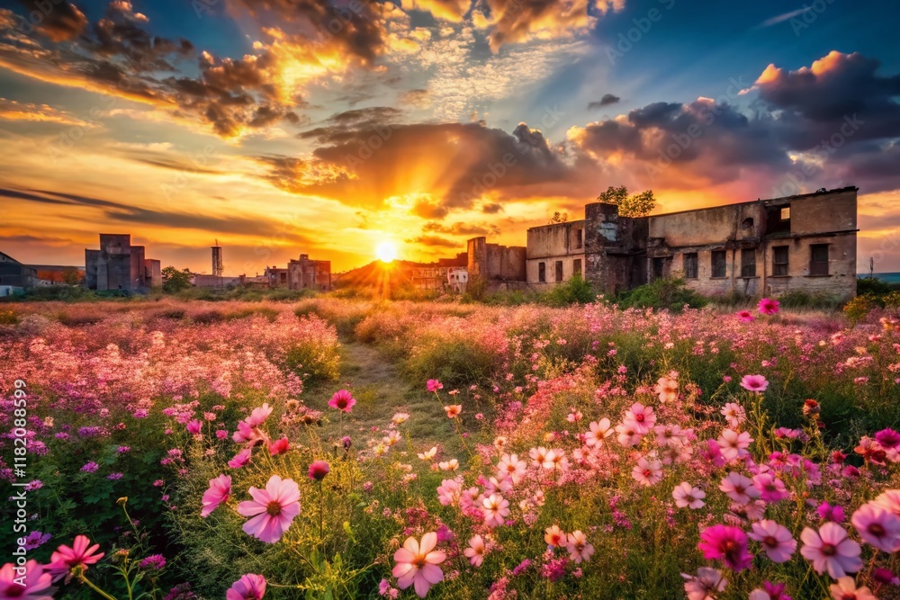 Serene Sunset: Pink Blossom Field – Urban Exploration Photography Serene Sunset: Pink Blossom Field – Urban Exploration Photography