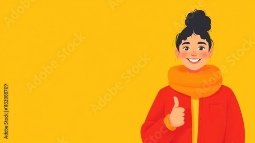 Young female volunteer in vibrant red jacket and orange scarf giving thumbs up against bright yellow background for International Volunteer Day celebration