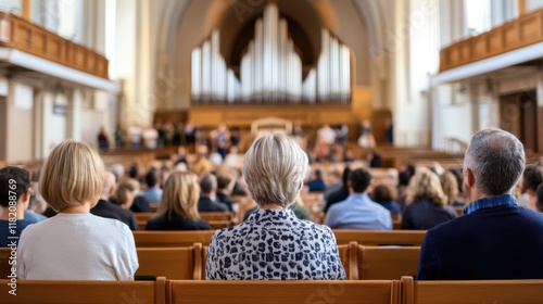 A diverse congregation gathers in a grand church, their songs harmonizing beneath majestic arches and towering organ pipes. photo