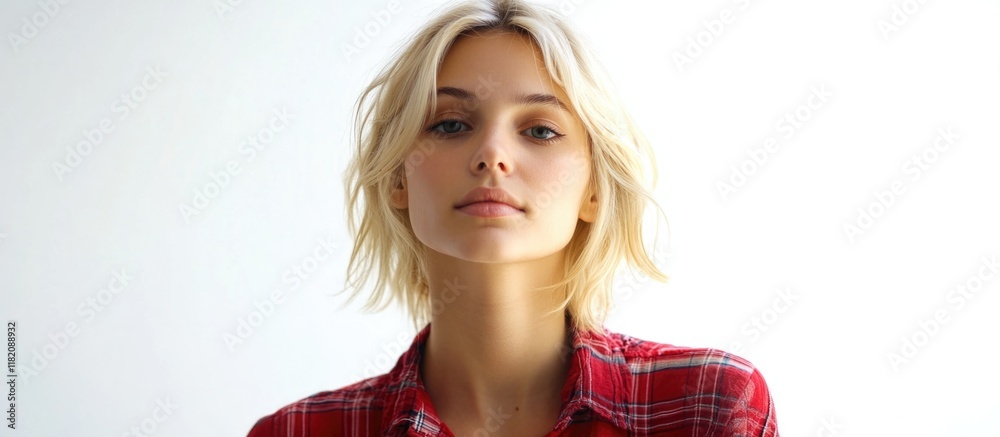 Young blonde woman with short hair in a red checkered shirt, soft lighting, white background, front view portrait, modern fashion photography. Young blonde woman with short hair in a red checkered shirt, soft lighting, white background, front view portrait, modern fashion photography.