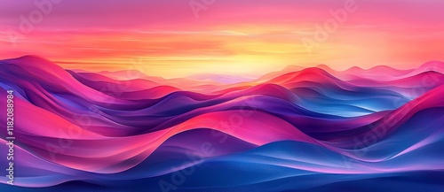 An abstract landscape painting with curving lines and dynamic forms, representing mountains and hills in a picturesque summer sunset