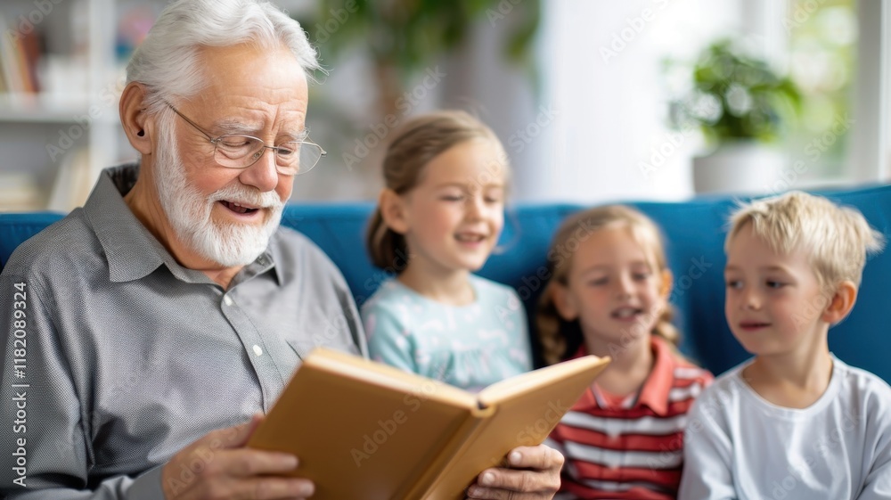 A joyful grandfather reads a story to three smiling children, creating a warm and engaging family moment indoors. A joyful grandfather reads a story to three smiling children, creating a warm and engaging family moment indoors.
