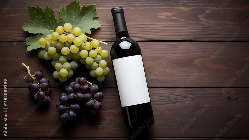 Obraz premium Elegant Wine Bottle with Fresh Red Grapes and Vine Leaves on Rustic Wooden Table - Perfect for Wine and Vineyard Themes