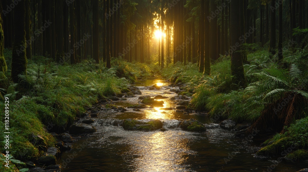Obraz premium Golden Sunset Illuminates Forest Stream and Trees
