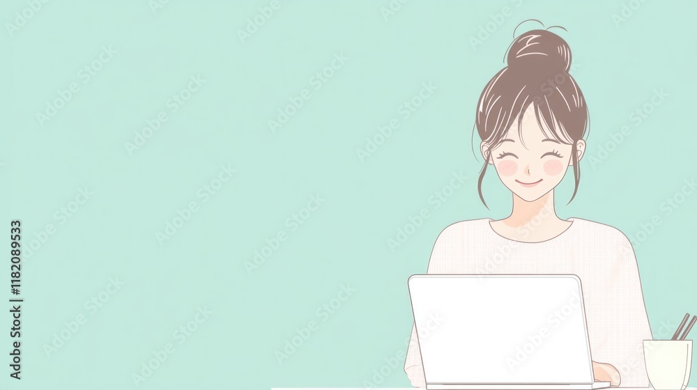 Happy businesswoman working on laptop with light teal background, smiling, seated at a clean desk with stationary, in a professional home office setting. Happy businesswoman working on laptop with light teal background, smiling, seated at a clean desk with stationary, in a professional home office setting.