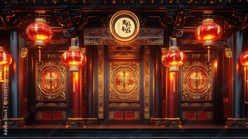 Obraz premium beautiful Chinese New Year 2025 sign with traditional red and gold colors, glowing lanterns, and intricate border designs