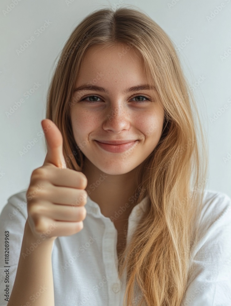 Confident young woman with long blonde hair giving thumbs up gesture in bright studio with white background, symbolizing achievement and approval. Confident young woman with long blonde hair giving thumbs up gesture in bright studio with white background, symbolizing achievement and approval.