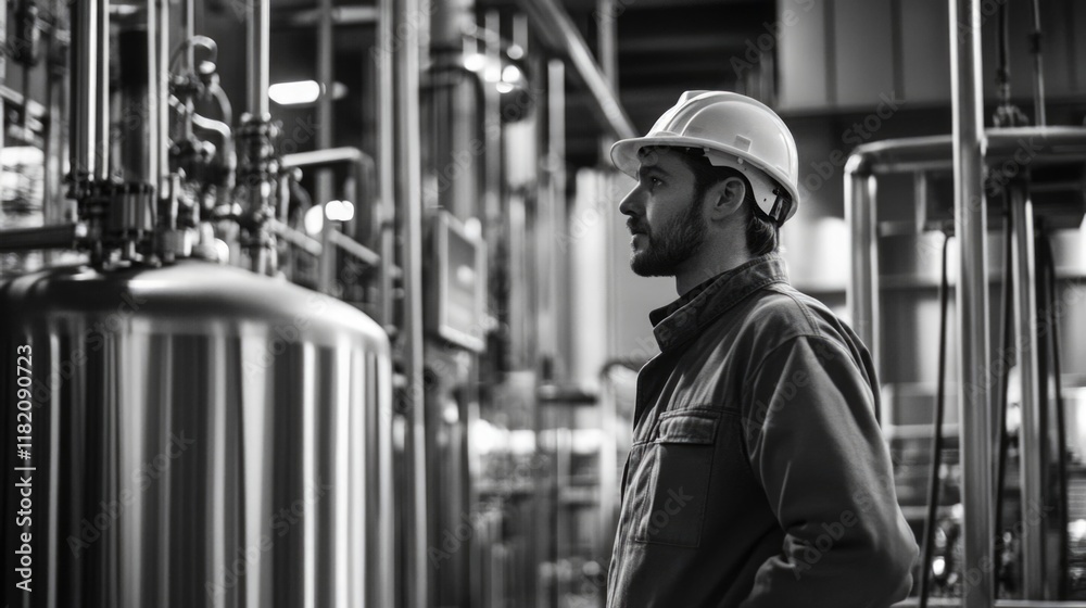 Industrial supervisor observing beverage production in a modern food factory setting, wearing a hard hat and safety jacket, stainless steel machinery in soft focus. Industrial supervisor observing beverage production in a modern food factory setting, wearing a hard hat and safety jacket, stainless steel machinery in soft focus.