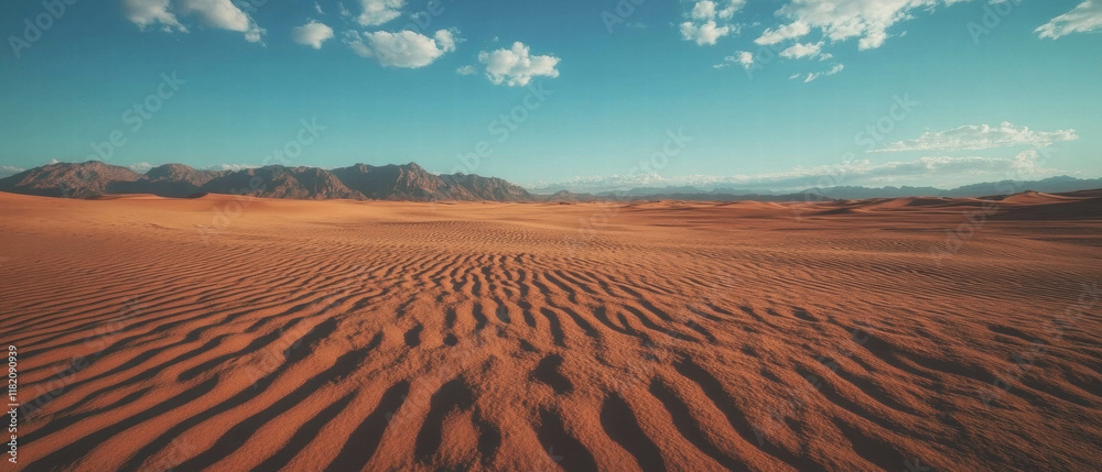 Naklejka premium Vast desert landscape with undulating sand dunes under a clear blue sky