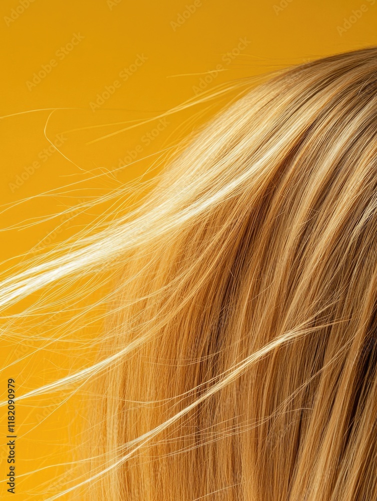 Vibrant blonde straight hair flowing against a bright yellow background showcasing the results of a professional bleaching process, captured from a rear angle. Vibrant blonde straight hair flowing against a bright yellow background showcasing the results of a professional bleaching process, captured from a rear angle.