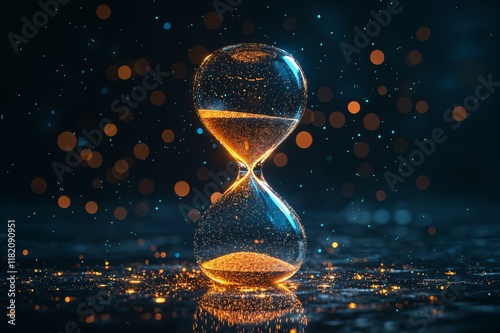 An hourglass with gold glitter on a dark background. photo