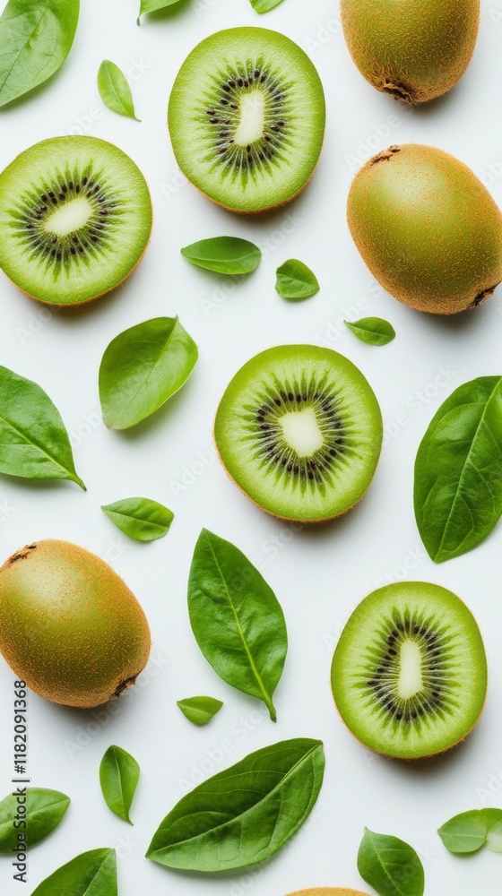 Fototapeta premium Bright green kiwi slices are arranged with whole kiwis and soft green leaves, showcasing their unique textures and colors. A delightful visual feast evokes freshness and health