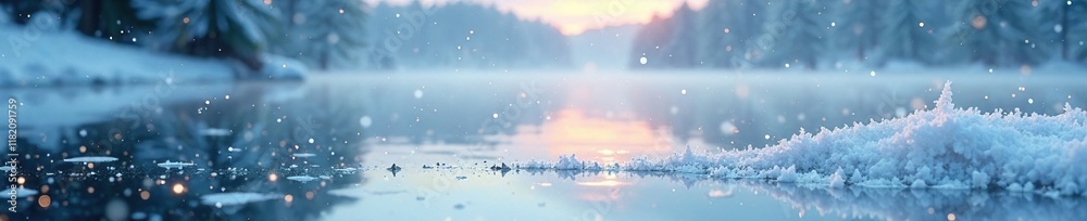 Fototapeta premium Frosty lake surface with snowflakes gently falling, serene atmosphere, cold weather, frosty morning