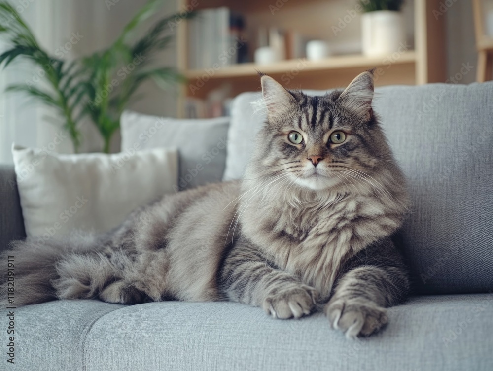 Fluffy grey cat lounging on a soft light grey sofa in cozy home office environment with greenery in background, capturing serene indoor atmosphere. Fluffy grey cat lounging on a soft light grey sofa in cozy home office environment with greenery in background, capturing serene indoor atmosphere.