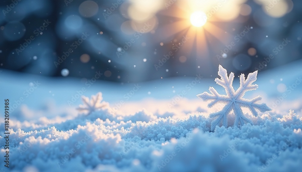 Frosty landscape with delicate snowflakes falling gently on the ground, winter, snowflake Frosty landscape with delicate snowflakes falling gently on the ground, winter, snowflake