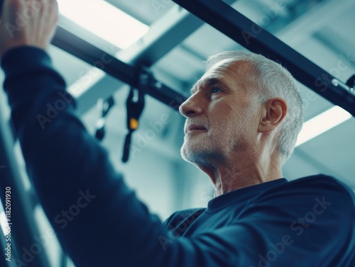Senior man engaging in rehabilitation exercises with personal trainer in bright fitness center, focusing on strength training and physical recovery.