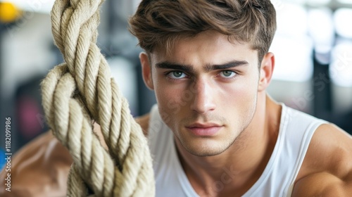 Sporty young man focused on intense workout with heavy ropes in modern gym environment, close-up shot highlighting determination and strength, natural lighting. photo