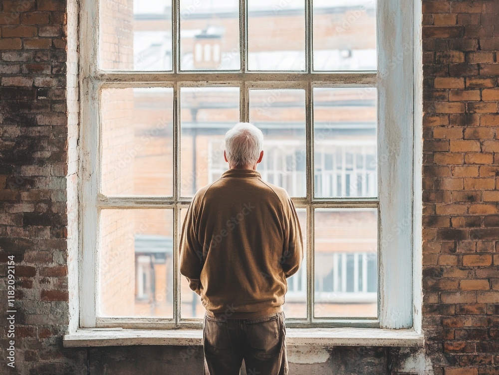 Contemplative senior man in a cozy loft flat gazing out large window framed by rustic brick walls, soft natural light illuminating serene atmosphere. Contemplative senior man in a cozy loft flat gazing out large window framed by rustic brick walls, soft natural light illuminating serene atmosphere.