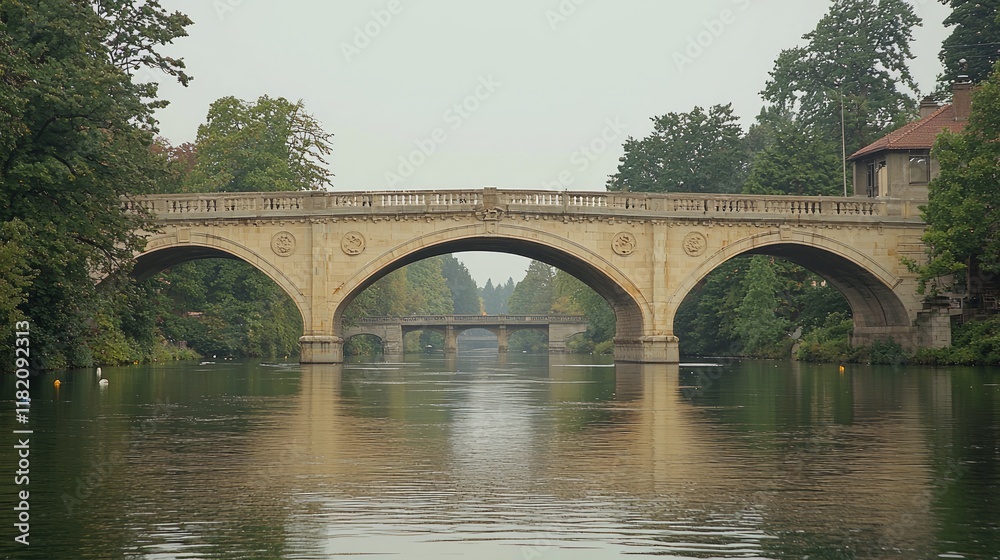 Stone arch bridge spanning calm river, flanked by lush greenery under overcast sky.