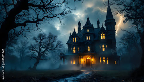 Mysterious Victorian Mansion: A Dark and Stormy Night Scene
