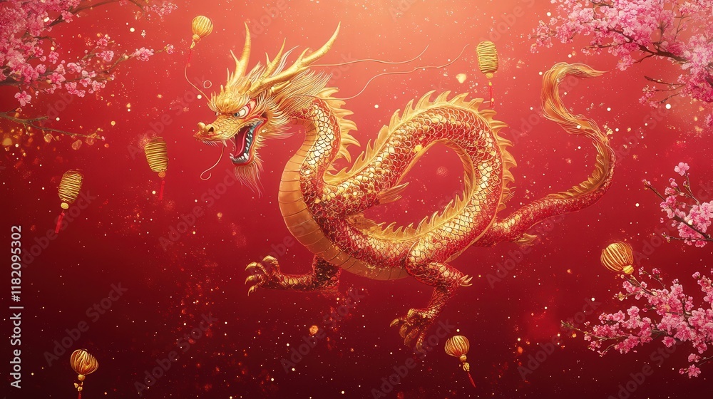Fototapeta premium bold dragon postcard in vibrant red and gold, with a flying dragon surrounded by firecrackers and plum blossoms