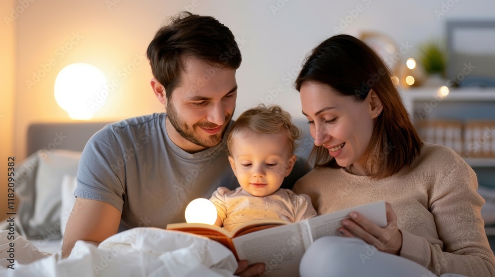 A cozy family moment where parents read a book to their child in a warmly lit bedroom, fostering bonding and creativity. A cozy family moment where parents read a book to their child in a warmly lit bedroom, fostering bonding and creativity.