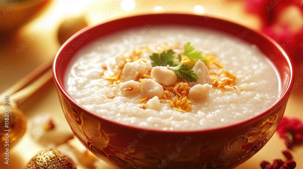 Chinese New Year congee, served with savory or sweet toppings, symbolizing health, wealth, and family unity. Chinese New Year congee, served with savory or sweet toppings, symbolizing health, wealth, and family unity.