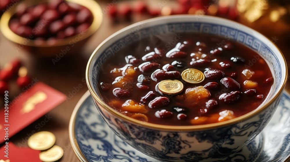 red bean soup, a traditional Chinese New Year dessert that symbolizes good fortune, served with gold coins and red envelopes on the table red bean soup, a traditional Chinese New Year dessert that symbolizes good fortune, served with gold coins and red envelopes on the table