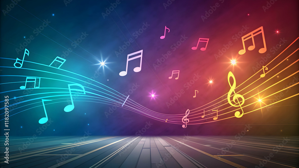 Obraz premium Colorful Music Notes on Abstract Background with Bright Lights