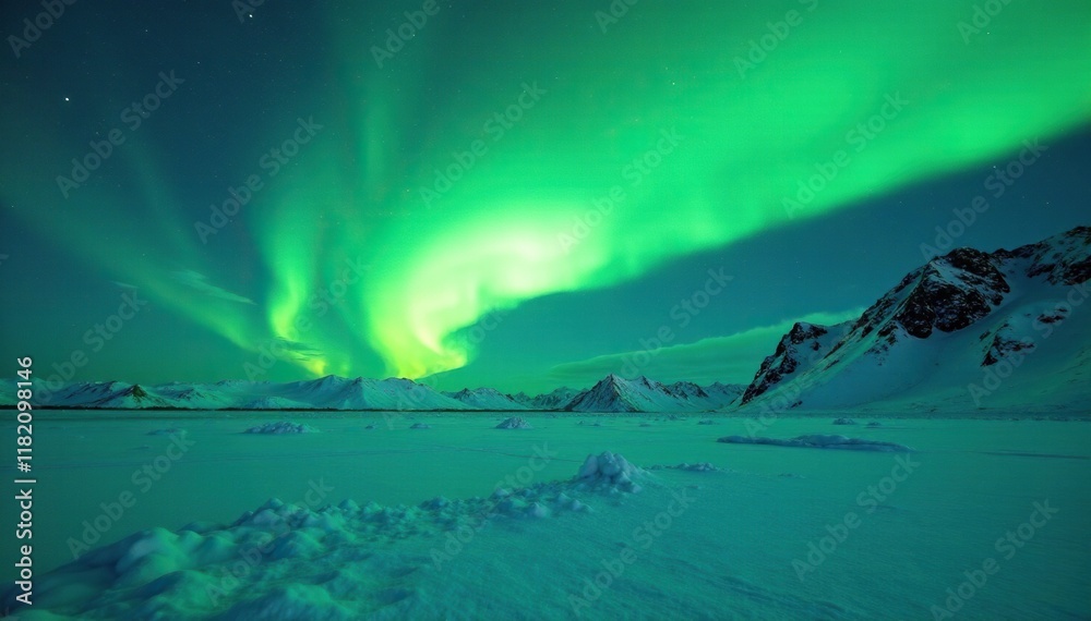 Naklejka premium Glowing green northern lights above icy tundra, winter wonderland, natural phenomenon