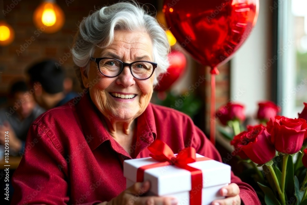 Happy elderly woman in glasses with white gift box. Gray-haired woman smiling and holding gift, sitting in a restaurant with a festive atmosphere. illustration on Valentine's Day or Mother's Day Happy elderly woman in glasses with white gift box. Gray-haired woman smiling and holding gift, sitting in a restaurant with a festive atmosphere. illustration on Valentine's Day or Mother's Day