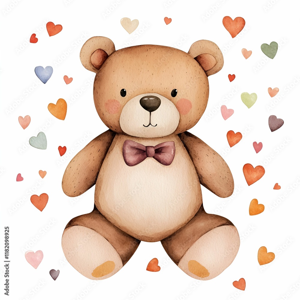 Fototapeta premium Cute Valentine Teddy Bear watercolor concept. Cute teddy bear surrounded by colorful hearts, perfect for children's themes.