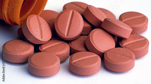 shot of an ibuprofen bottle with tablets, emphasizing the common over-the-counter medication. | Ibuprofen  photo