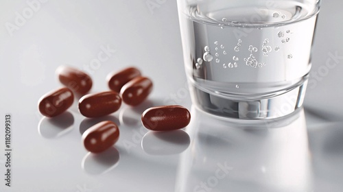 of ibuprofen tablets next to a glass of water, highlighting the typical way of ingestion. | Ibuprofen 