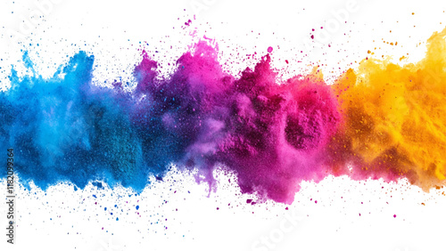 Colorful holi powder on white background. Colorful vibrant rainbow holi paint color powder explosion with bright colors isolated white background.