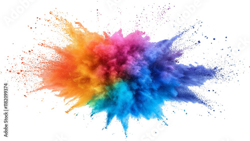 Colorful holi powder on white background. Colorful vibrant rainbow holi paint color powder explosion with bright colors isolated white background.