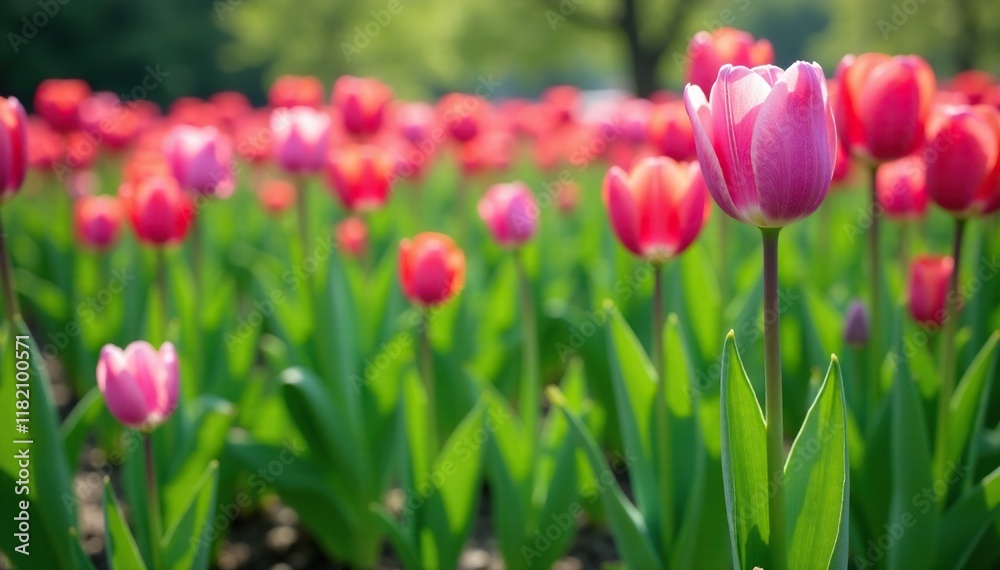 Green foliage with scattered purple tulip blooms in a field, spring, countryside Green foliage with scattered purple tulip blooms in a field, spring, countryside
