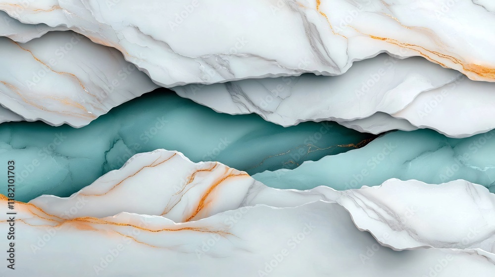 Naklejka premium Mesmerizing Marble Surface with Captivating Ethereal Patterns and Timeless Elegance Swirling Waves of White Gray and Turquoise Hues Complemented by Subtle Golden Streaks in a Composition