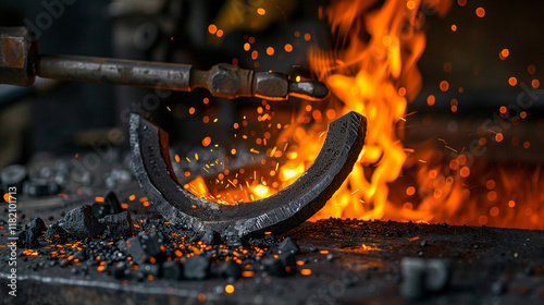 A blacksmith forging a horseshoe in a traditional workshop, with glowing coals and hammer strikes