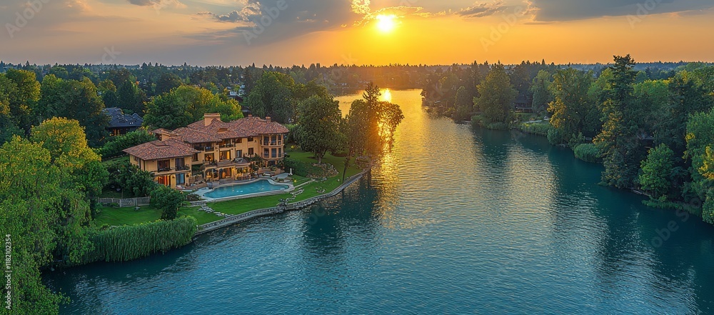 Obraz premium Sunset view of luxury waterfront home with pool.