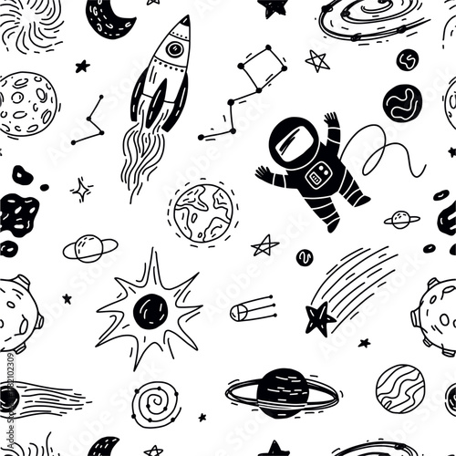 Seamless pattern of spaceship, planets, rocket and stars collection, hand drawn in doodle style. Kids background.