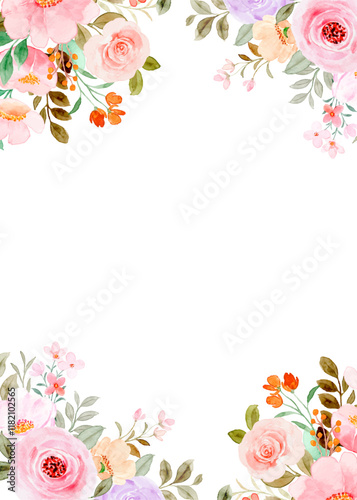 flower border watercolor for wedding, birthday, card, background, invitation, wallpaper, sticker, decoration