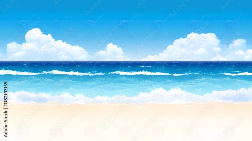 Fototapeta premium Idyllic Beach Scene Sunny Sky, Blue Ocean, White Sand